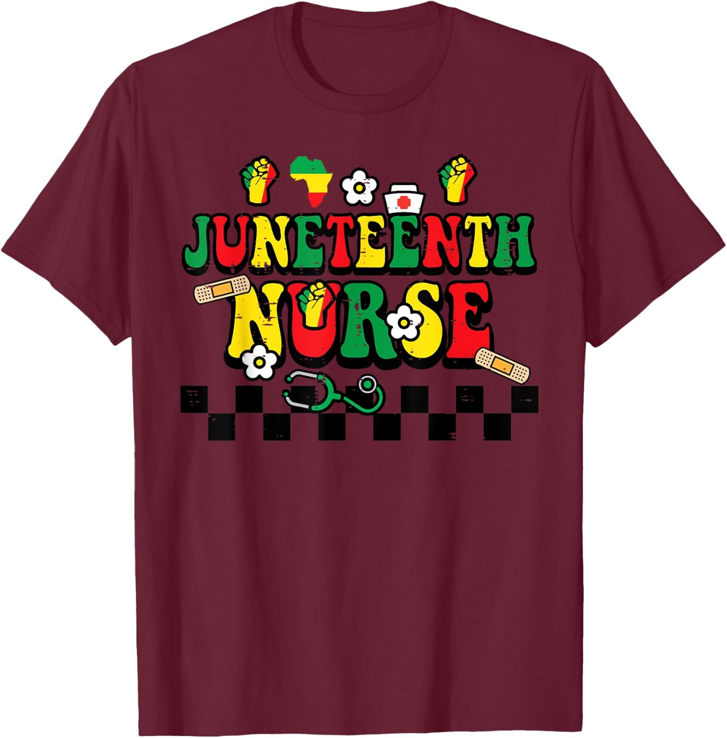 Juneteenth Black Nurse Retro 1865 Groovy Scrub Top Men Women T-Shirt - T-Shirt | Maroon