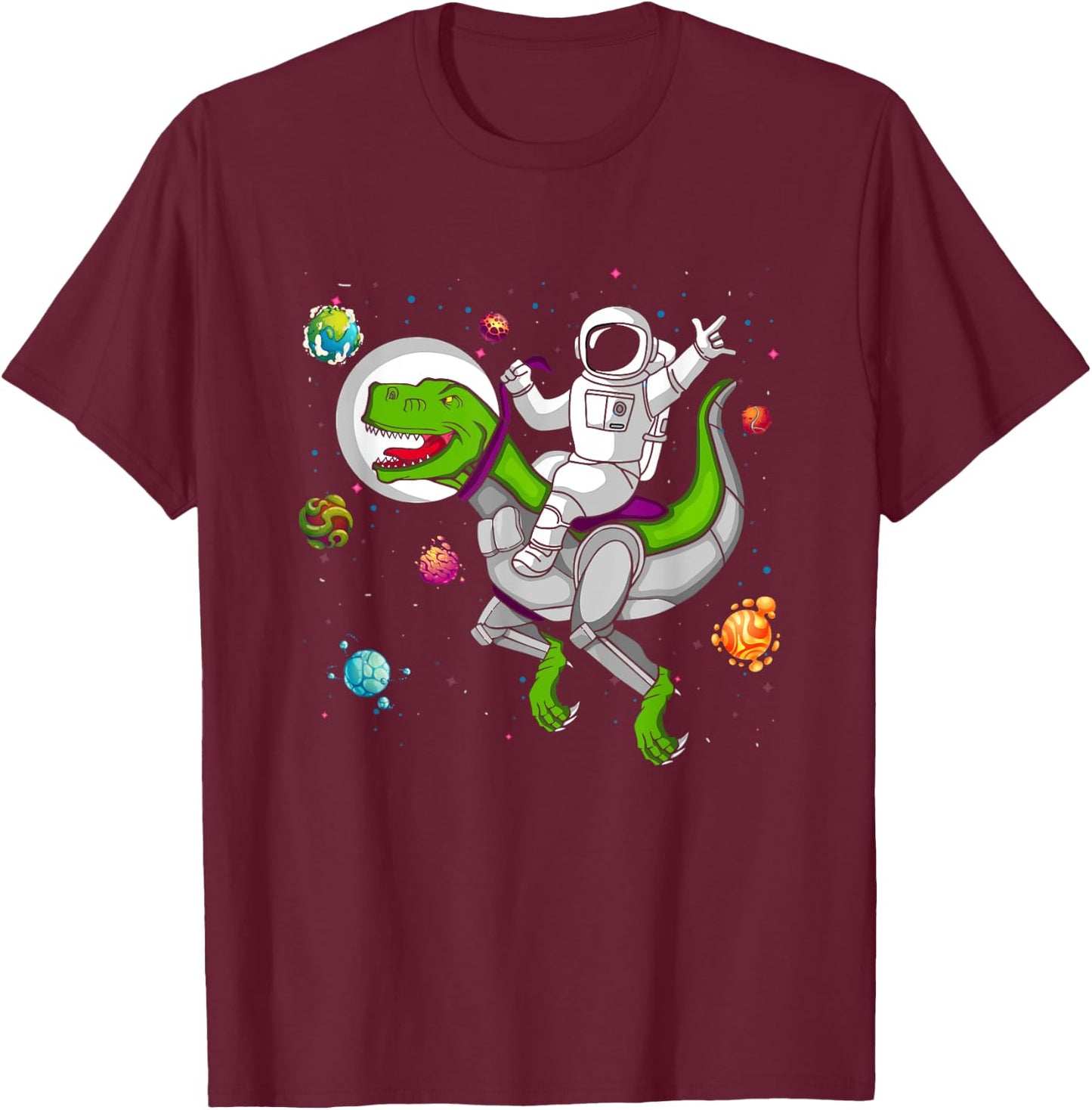 Astronaut Riding T Rex Dinosaur OuterSpace Galaxy T-Shirt - T-Shirt | Maroon