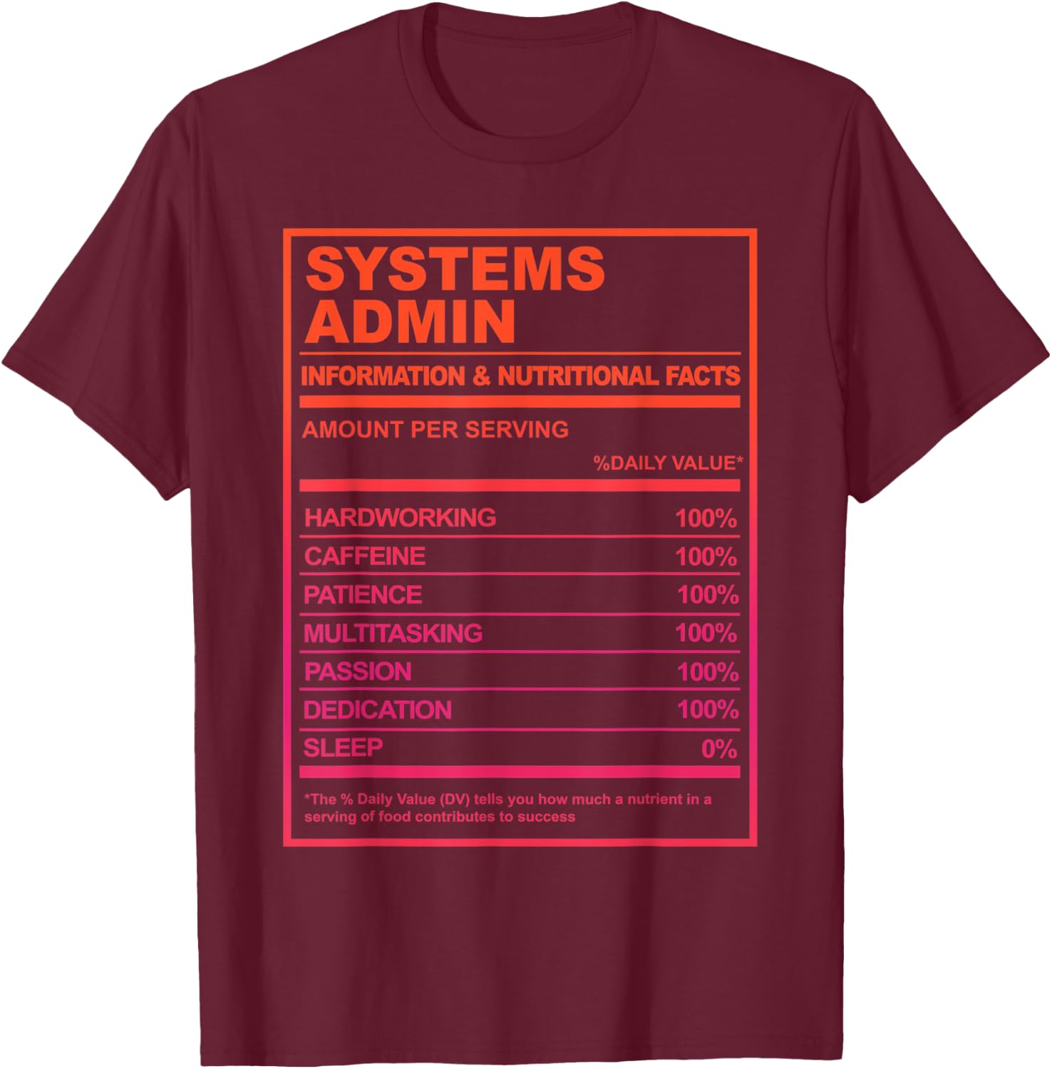 Systems Admin Nutrition Facts Tech Humor T-Shirt - T-Shirt | Maroon