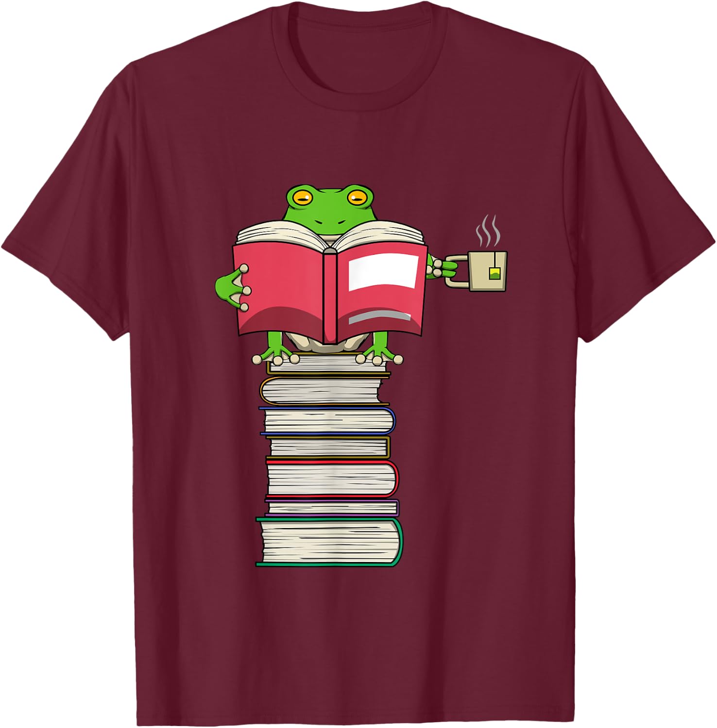 Funny Frog Reading Books and Drinking Tea T-Shirt - T-Shirt | Maroon