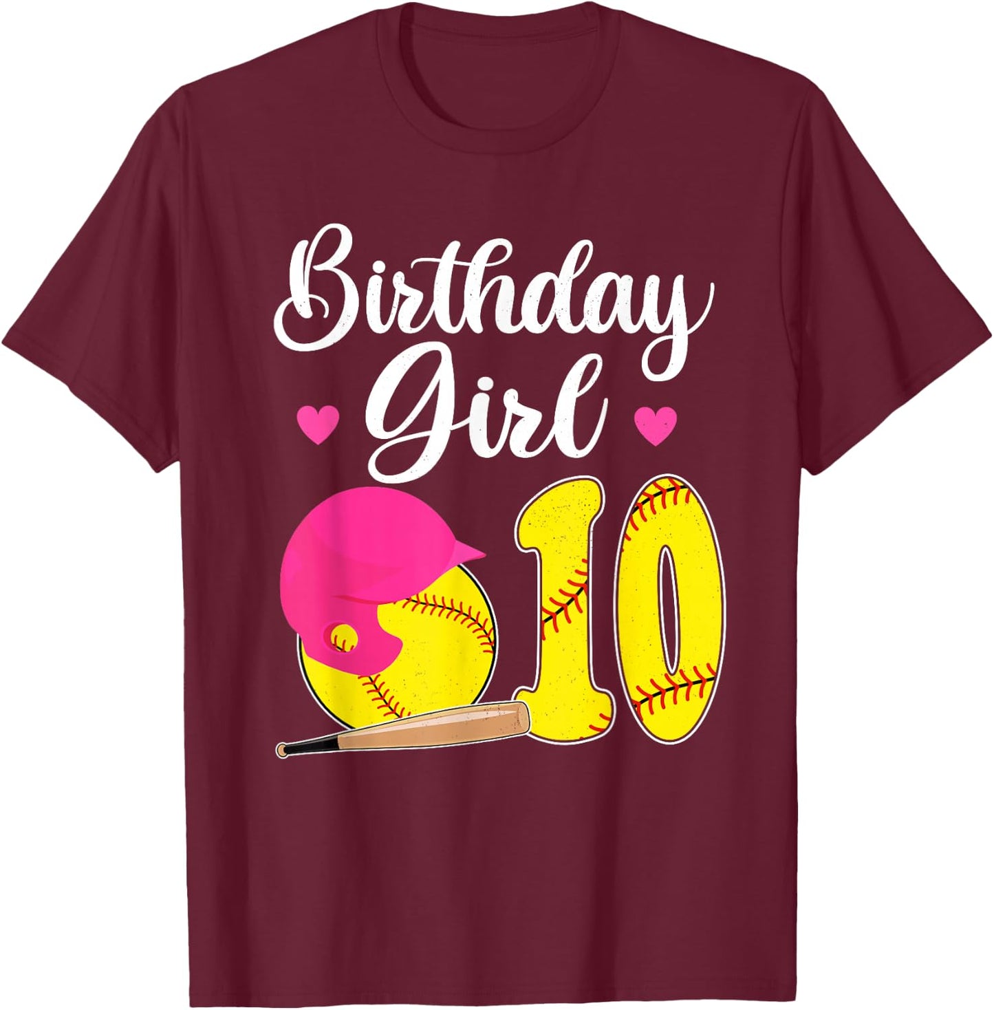 10th Birthday Softball Girls 10 Years Old T-Shirt - T-Shirt | Maroon