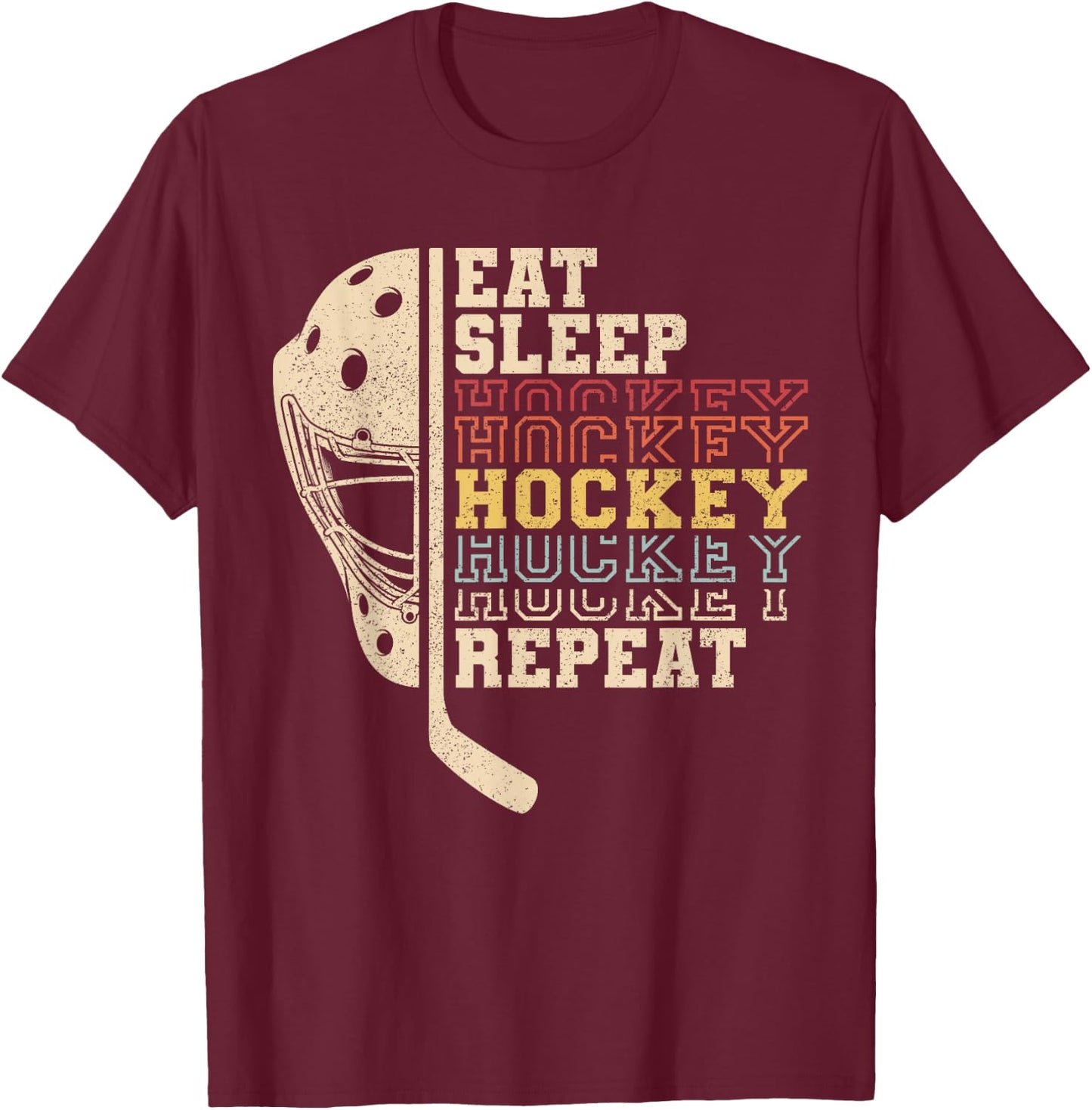 Eat Sleep Hockey Repeat Men Boys Kid Funny Ice Hockey Player T-Shirt - T-Shirt | Maroon