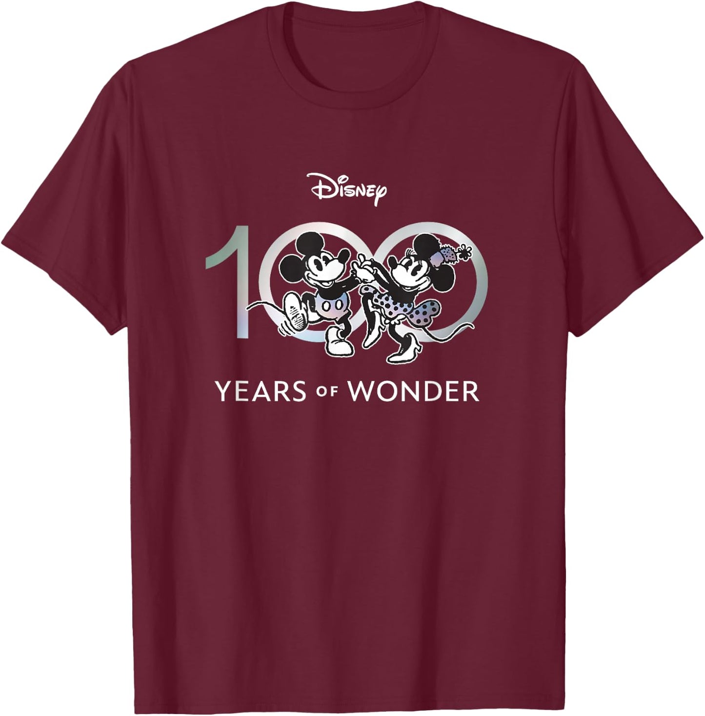 Disney 100 Years of Wonder Mickey & Minnie Dancing Retro Short Sleeve , Black, Small T-Shirt - T-Shirt | Maroon