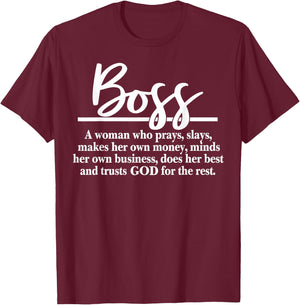 Boss A Woman Who Pray Funny Boss Definition T-Shirt - T-Shirt | Maroon