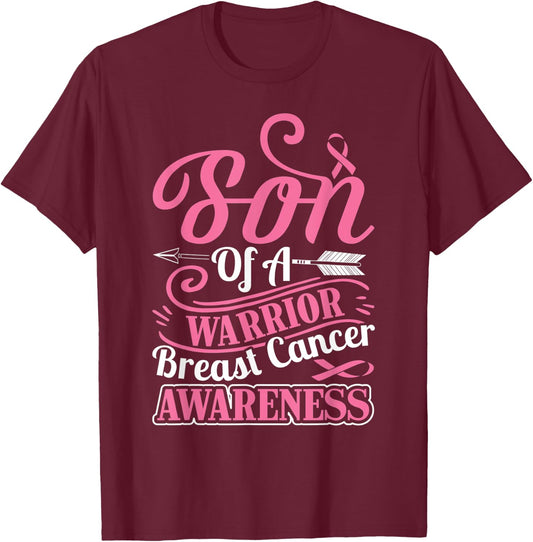 pink ribbon breast cancer awareness Son of warrior boys men T-Shirt - T-Shirt | Maroon