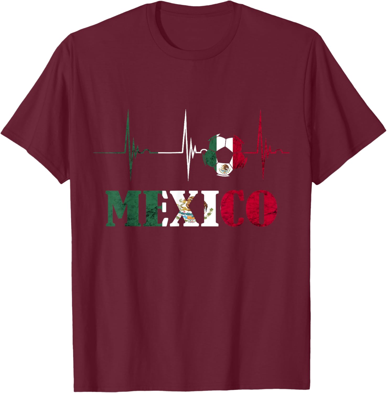 Mexico Heartbeat EKG Pulse Ball Mexico Soccer Mexican Flag T-Shirt - T-Shirt | Maroon