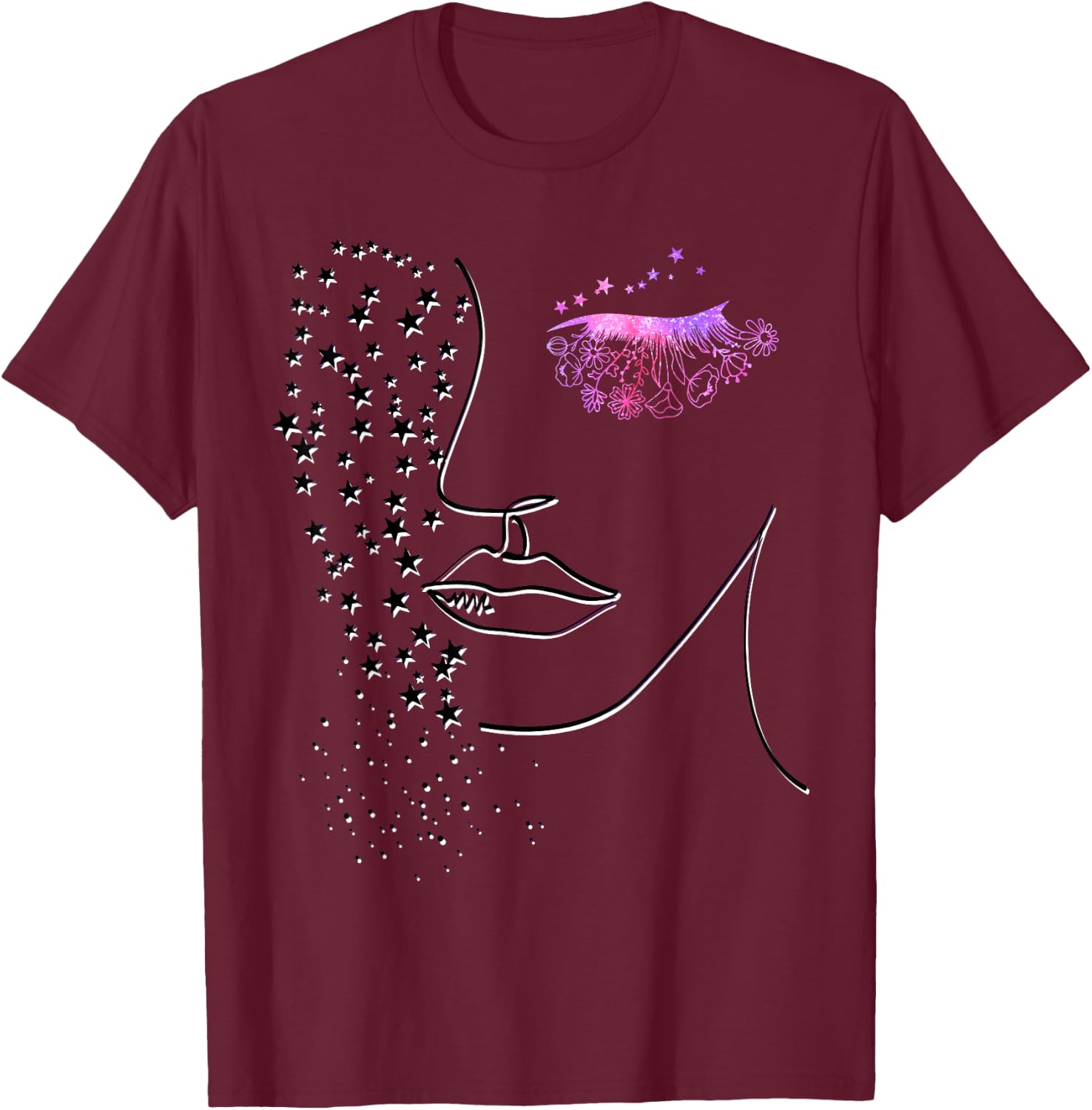 Female Minimalist Face Art - Pink Flower Eye Lashes & Stars T-Shirt - T-Shirt | Maroon