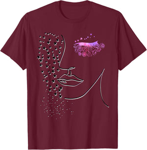 Female Minimalist Face Art - Pink Flower Eye Lashes & Stars T-Shirt - T-Shirt | Maroon