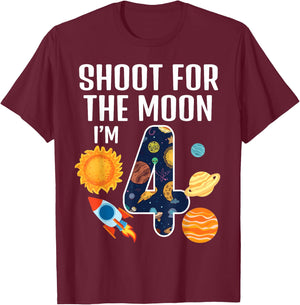 Shoot For The Moon 4th Birthday Outer Space I'm 4 Year Old T-Shirt - T-Shirt | Maroon