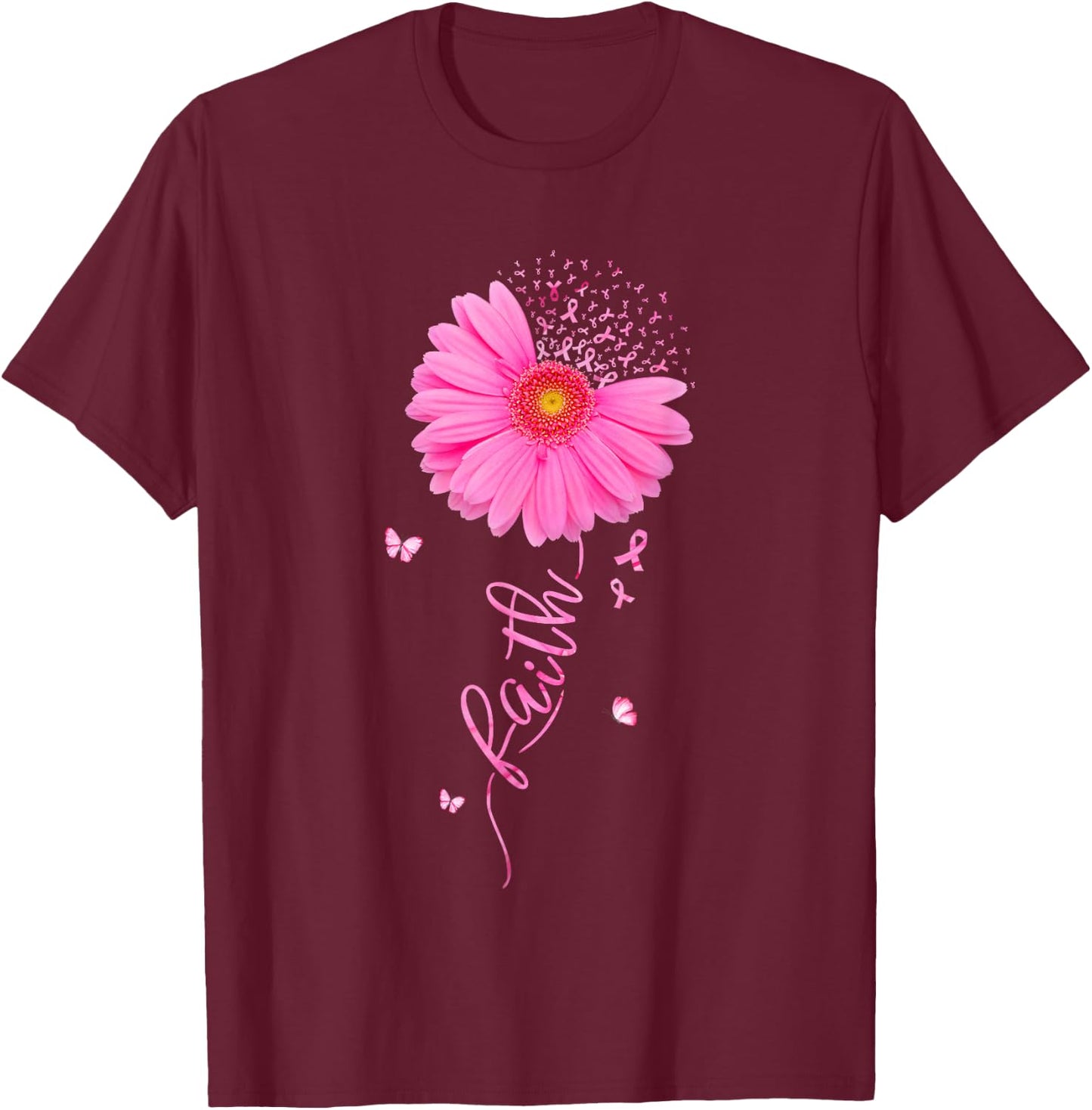 Faith Pink Ribbon Daisy Flower Breast Cancer Awareness Women T-Shirt - T-Shirt | Maroon
