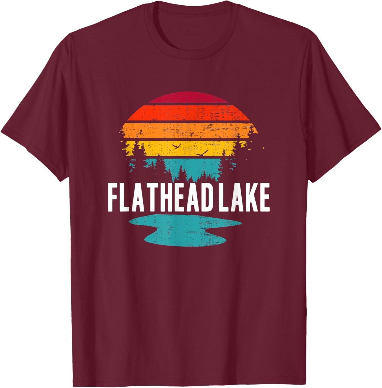 Flathead Lake Montana Fishing Vacation Vintage Sunset T-Shirt - T-Shirt | Maroon