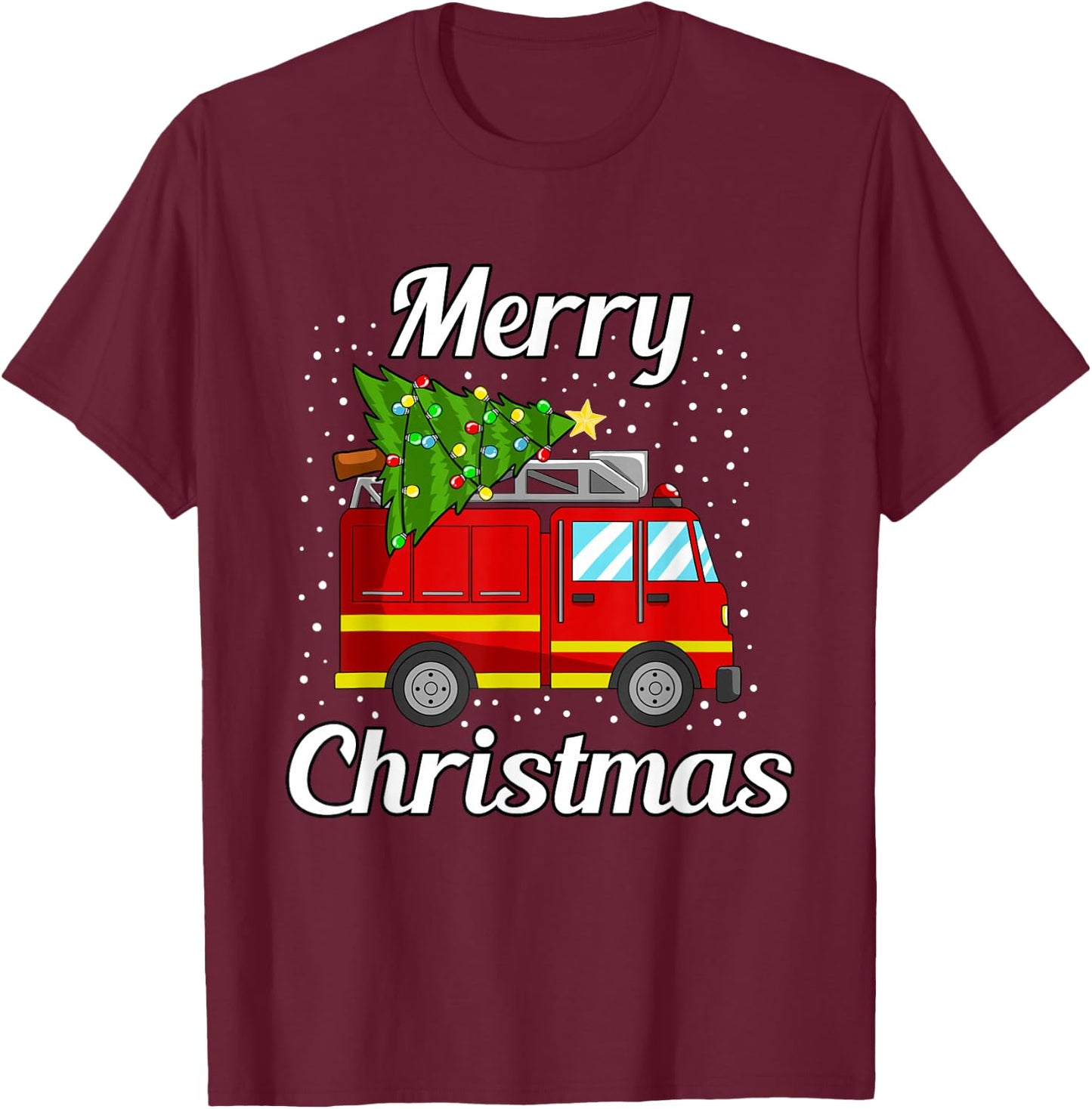 Merry Christmas Tree Firetruck Pajama Firefighter Fireman T-Shirt - T-Shirt | Maroon