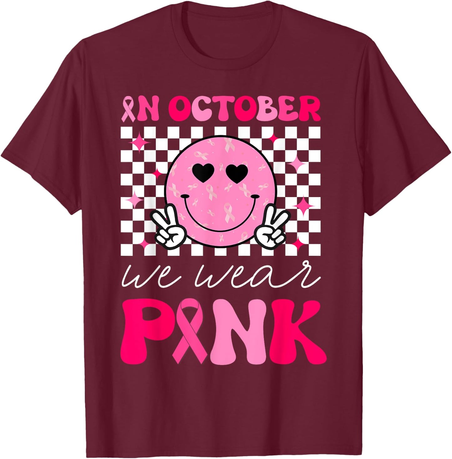 Groovy Breast Cancer Awareness In October We Wear Pink T-Shirt - T-Shirt | Maroon
