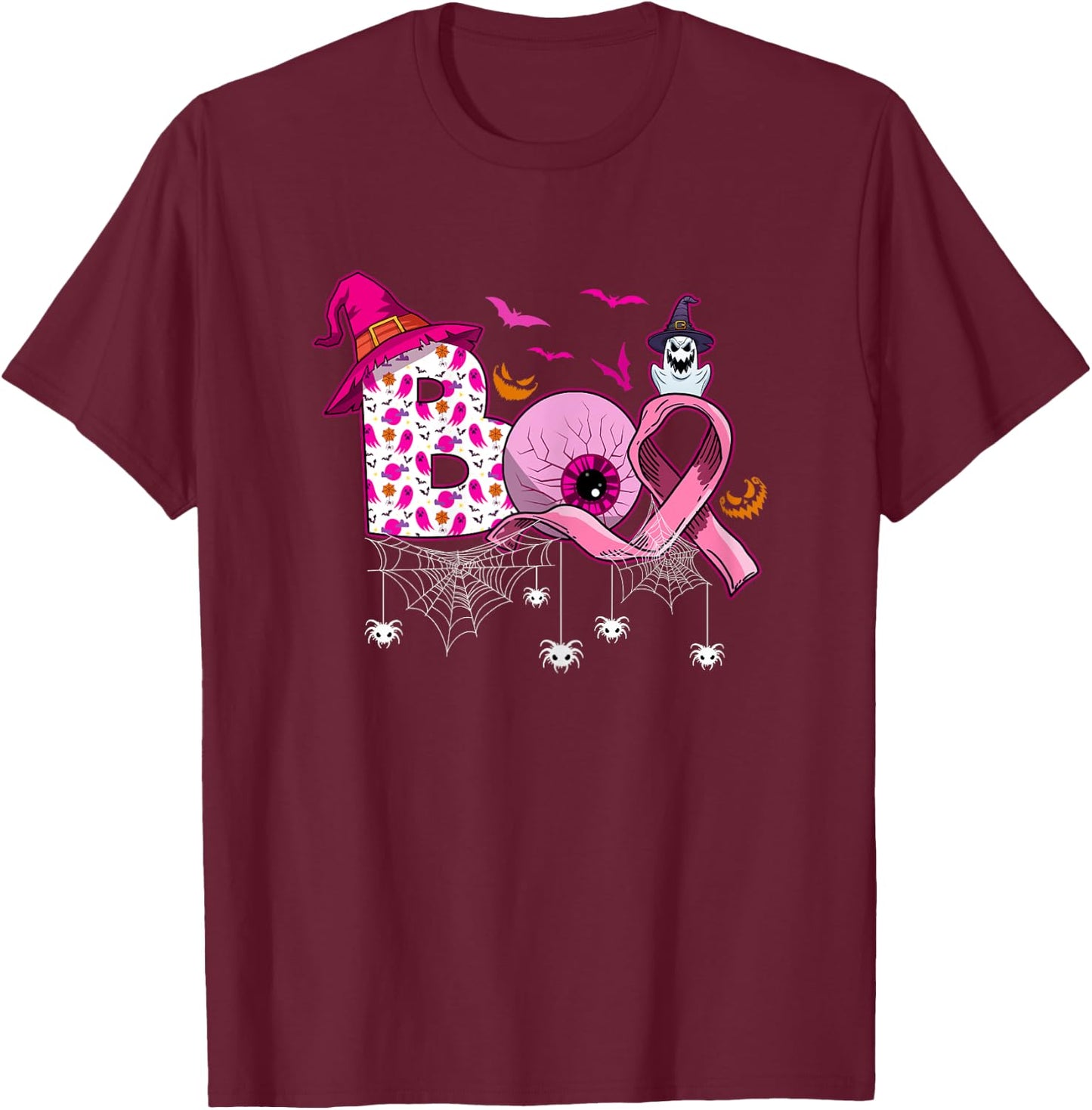 Boo Halloween Pumpkin Pink Ribbon Witch Breast Cancer T-Shirt - T-Shirt | Maroon