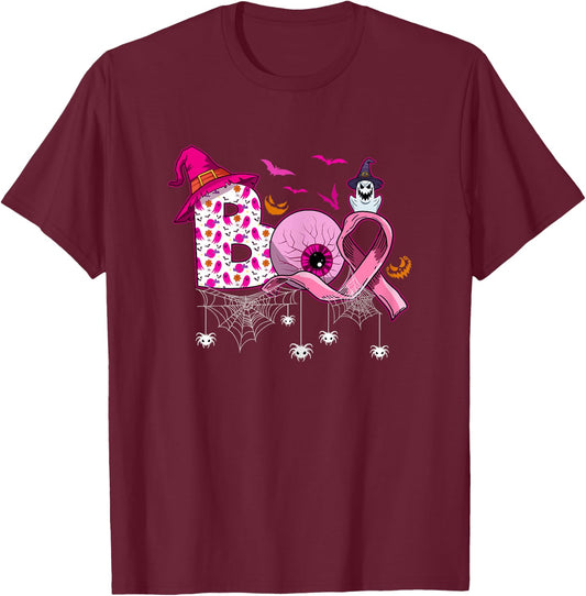 Boo Halloween Pumpkin Pink Ribbon Witch Breast Cancer T-Shirt - T-Shirt | Maroon