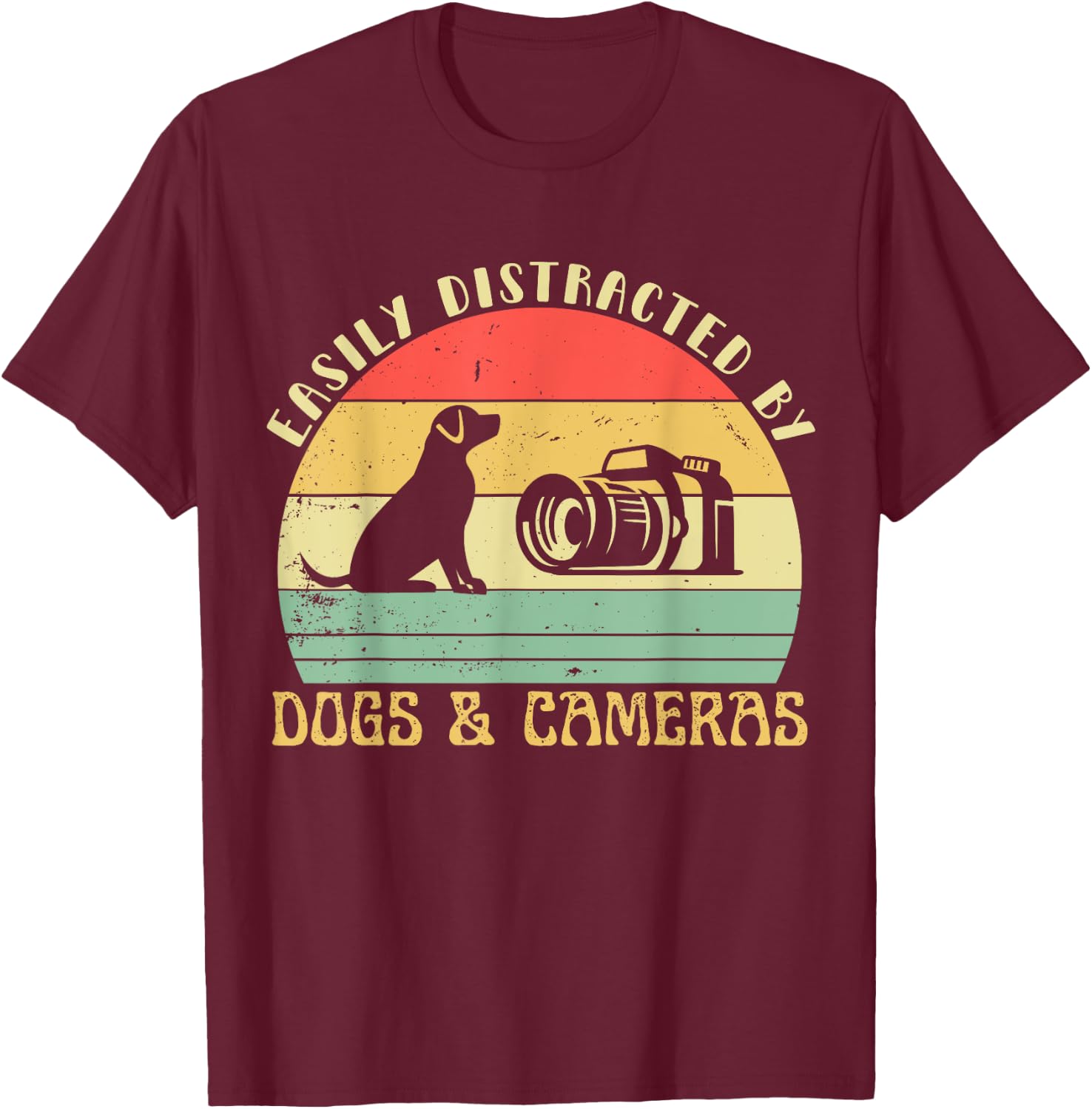 Easily Distracted By Cameras & Dogs Retro Funny Photographer T-Shirt - T-Shirt | Maroon