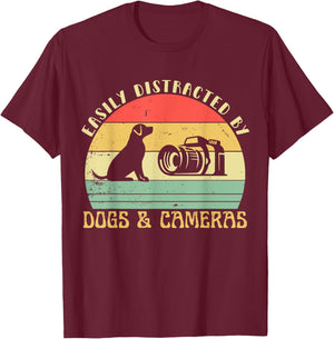 Easily Distracted By Cameras & Dogs Retro Funny Photographer T-Shirt - T-Shirt | Maroon