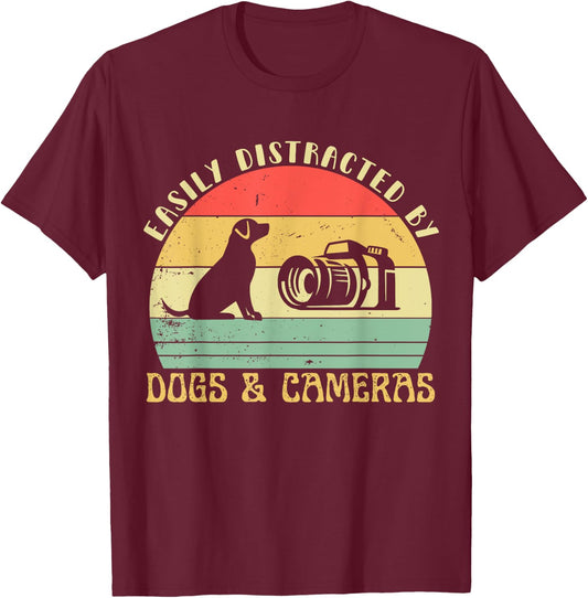 Easily Distracted By Cameras & Dogs Retro Funny Photographer T-Shirt - T-Shirt | Maroon