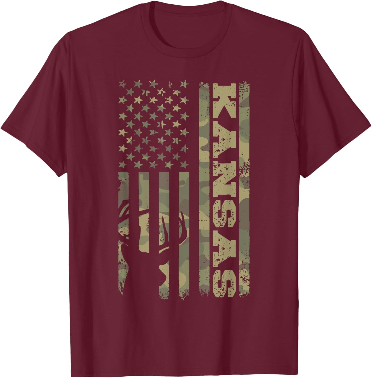 Kansas Deer Hunter Vintage Deer Hunting Camo USA Flag T-Shirt - T-Shirt | Maroon