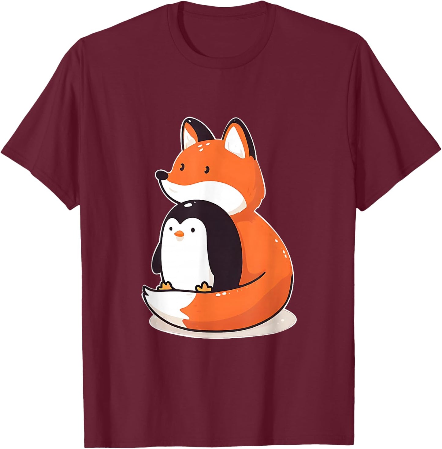 Cute Fox and Penguin Design T-Shirt - T-Shirt | Maroon