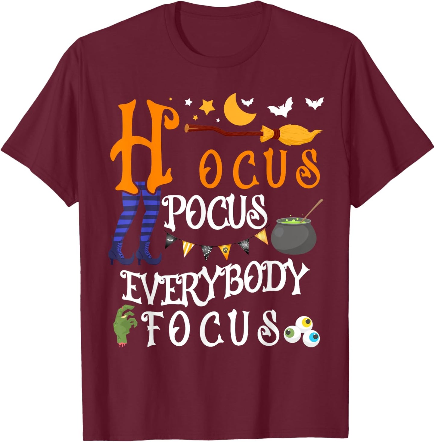 Hocus Pocus Everybody Focus Pumpkin Moon Funny Focus T-Shirt - T-Shirt | Maroon