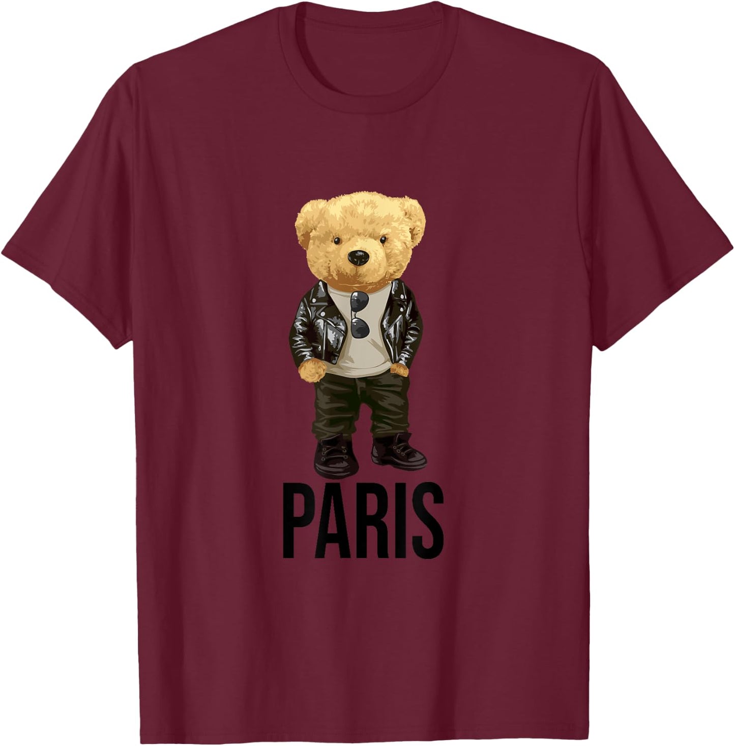 Cool Teddy Bear in Paris France Illustration Graphic Designs T-Shirt - T-Shirt | Maroon