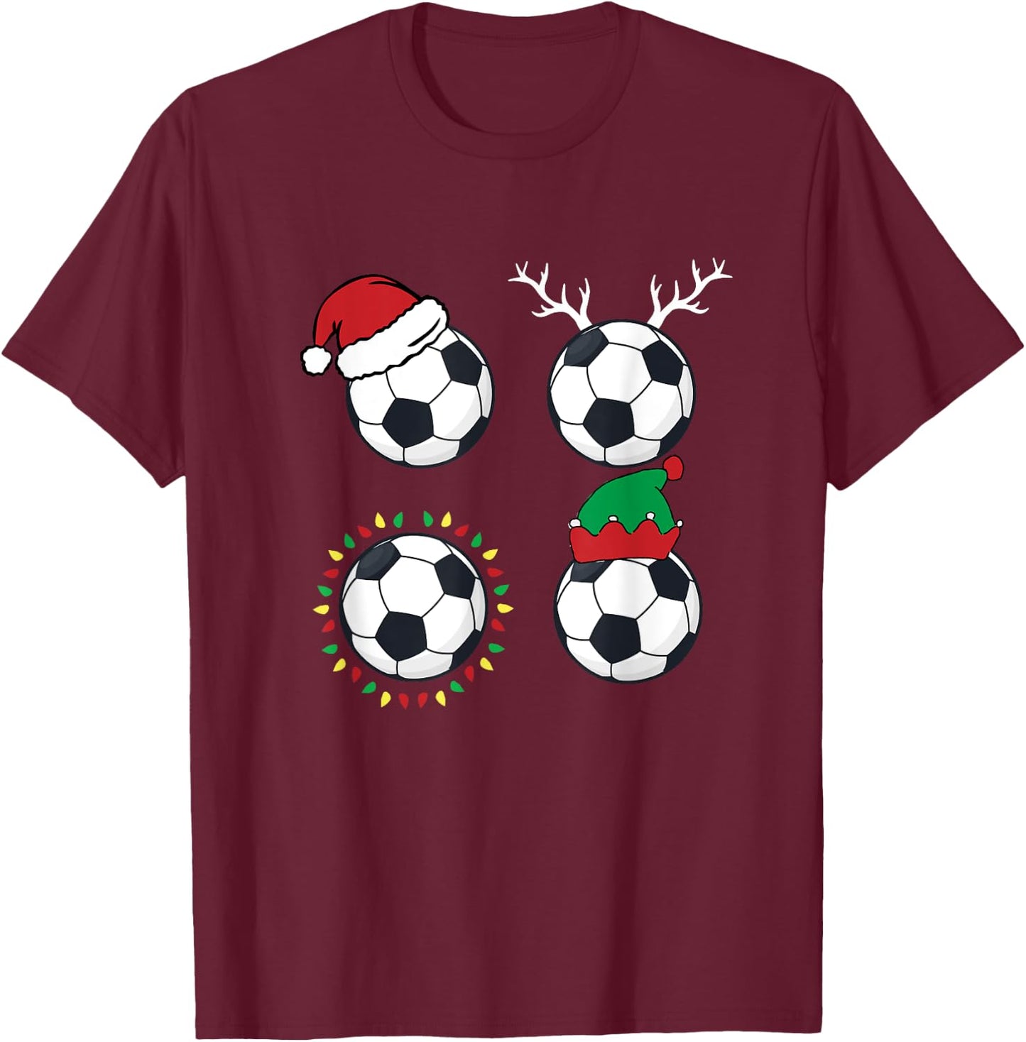 Soccer Ball Santa Hat Elf Reindeer Christmas Pajama X-Mas T-Shirt - T-Shirt | Maroon