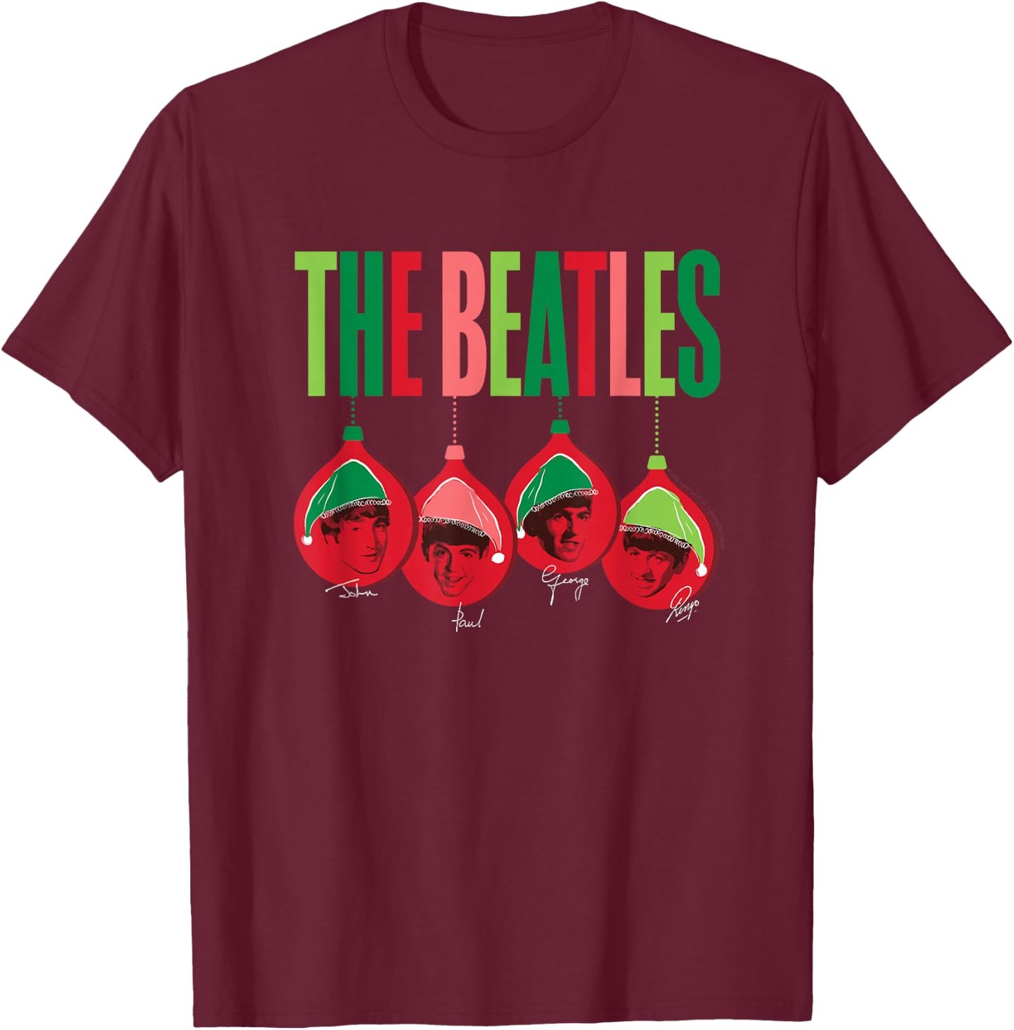 The Beatles - Christmas Santa Ornaments with Band Members T-Shirt - T-Shirt | Maroon