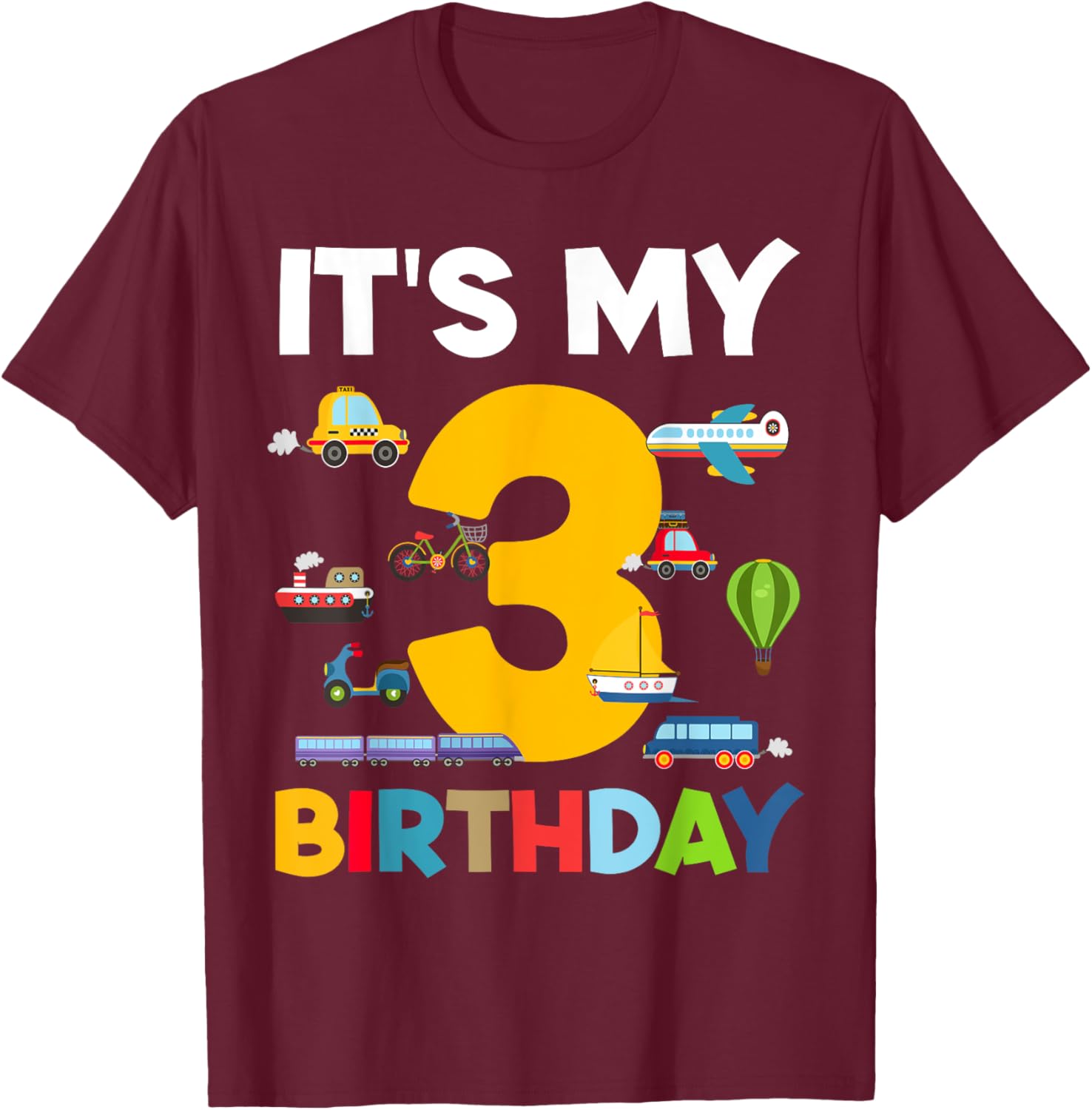 3rd Birthday Transportation Toddler Boy kid 3 Years Birthday T-Shirt - T-Shirt | Maroon