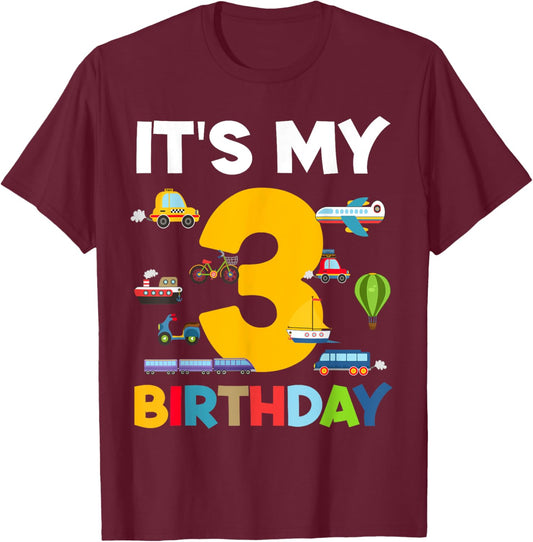 3rd Birthday Transportation Toddler Boy kid 3 Years Birthday T-Shirt - T-Shirt | Maroon