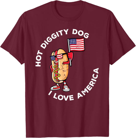Hot Diggity Dog July 4th America Patriotic Picnic USA Funny T-Shirt - T-Shirt | Maroon