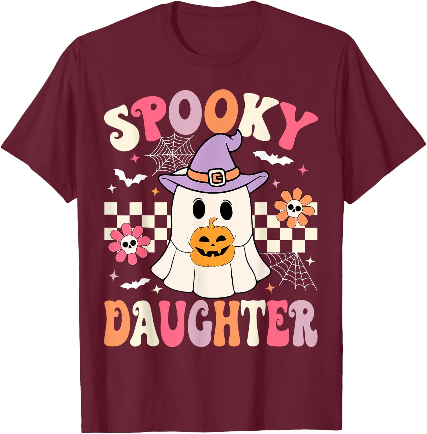 Groovy Spooky Daughter Retro Ghost Holding Pumpkin Halloween T-Shirt - T-Shirt | Maroon