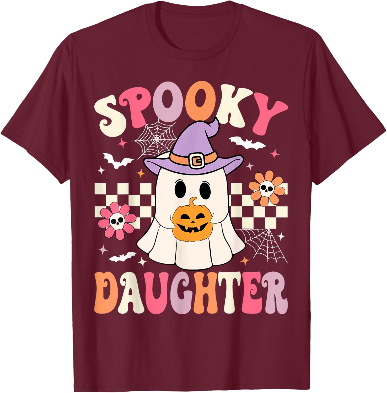 Groovy Spooky Daughter Retro Ghost Holding Pumpkin Halloween T-Shirt - T-Shirt | Maroon