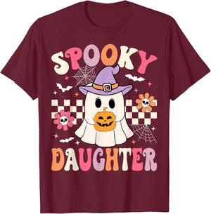 Groovy Spooky Daughter Retro Ghost Holding Pumpkin Halloween T-Shirt - T-Shirt | Maroon