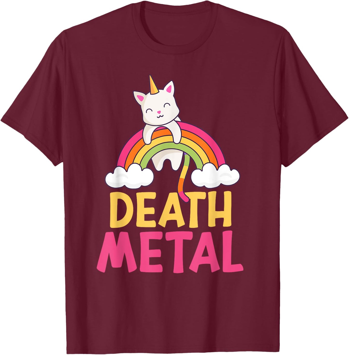 Funny Colorful Death Metal Rainbow Cat Unicorn Unicat T-Shirt - T-Shirt | Maroon
