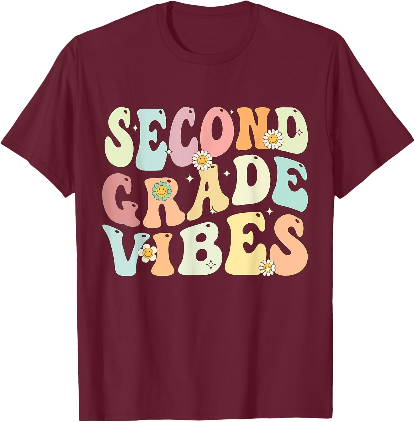Second Grade Vibes Groovy Retro Back To School Teachers Kids T-Shirt - T-Shirt | Maroon