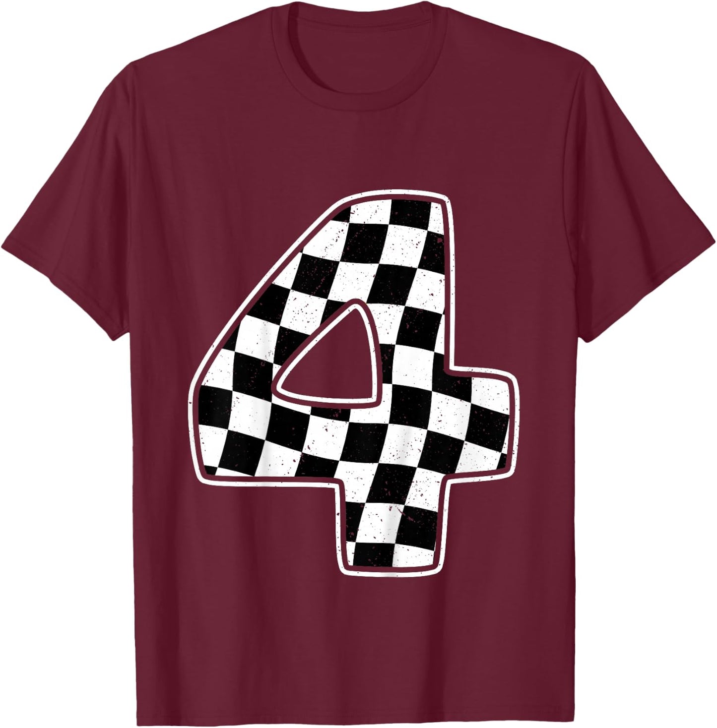4th Birthday Checkered Number 4 Car Racing Flag T-Shirt - T-Shirt | Maroon