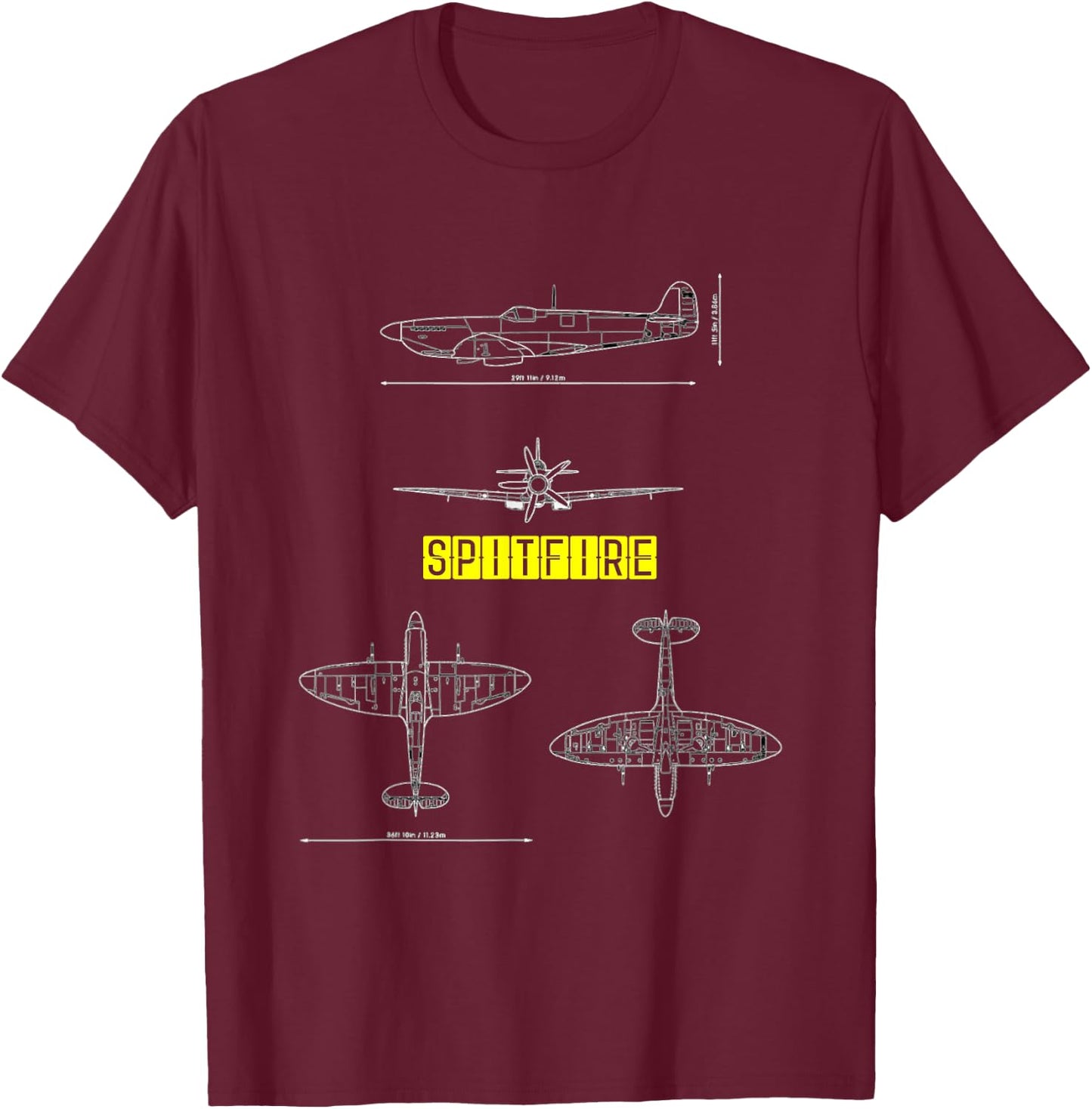 Spitfire Iconic British Airplane Blueprint Design T-Shirt - T-Shirt | Maroon