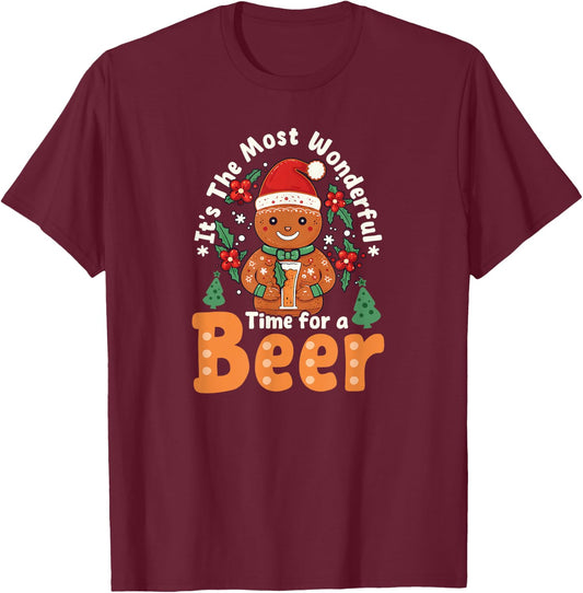 Time For Beer Design Christmas Ginger Bread T-Shirt - T-Shirt | Maroon