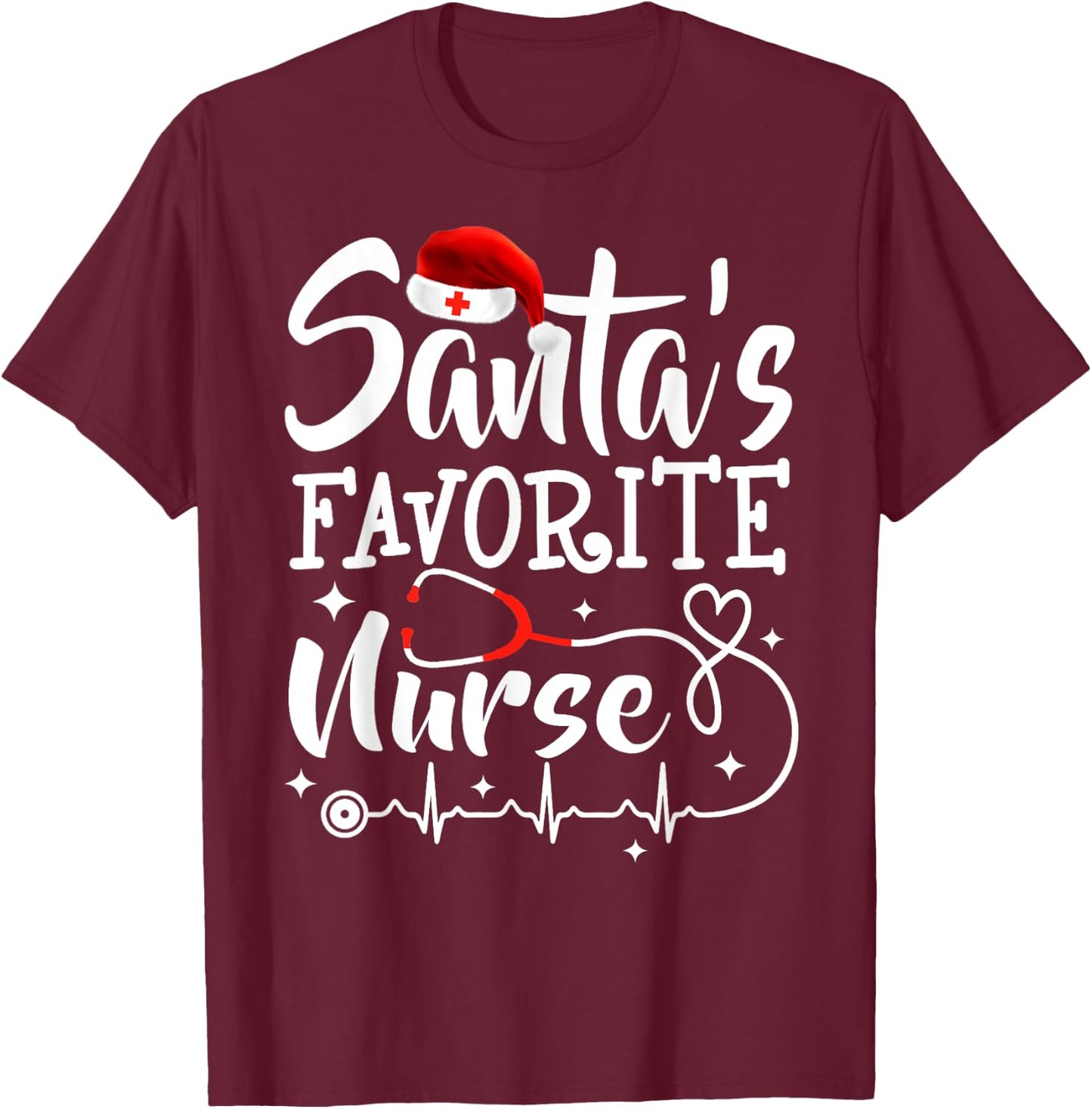 Santa's Favorite Nurse Christmas Scrub Top Stethoscope Xmas T-Shirt - T-Shirt | Maroon