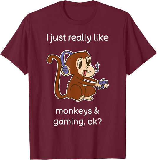 Funny Monkey Lover Gamer Shirt I Love Video Gaming Monkey T-Shirt - T-Shirt | Maroon