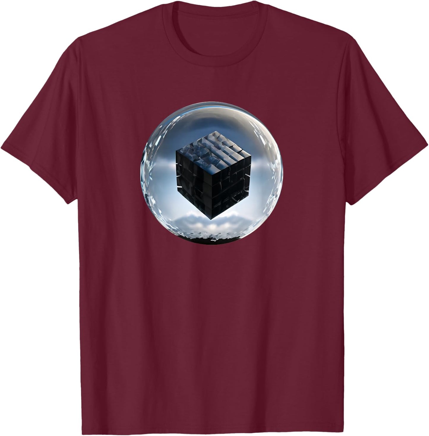 UFO / UAP / Dark Cube Inside A Clear Sphere T-Shirt - T-Shirt | Maroon