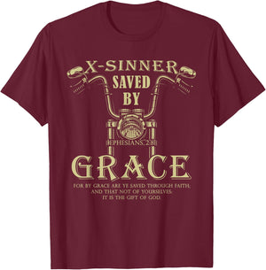 X-Sinner Saved by Grace Verse: Christian Faith Motorcycle T-Shirt - T-Shirt | Maroon