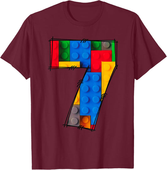7 Years Old Blocks Building Master Builder 7th Birthday Kid T-Shirt - T-Shirt | Maroon