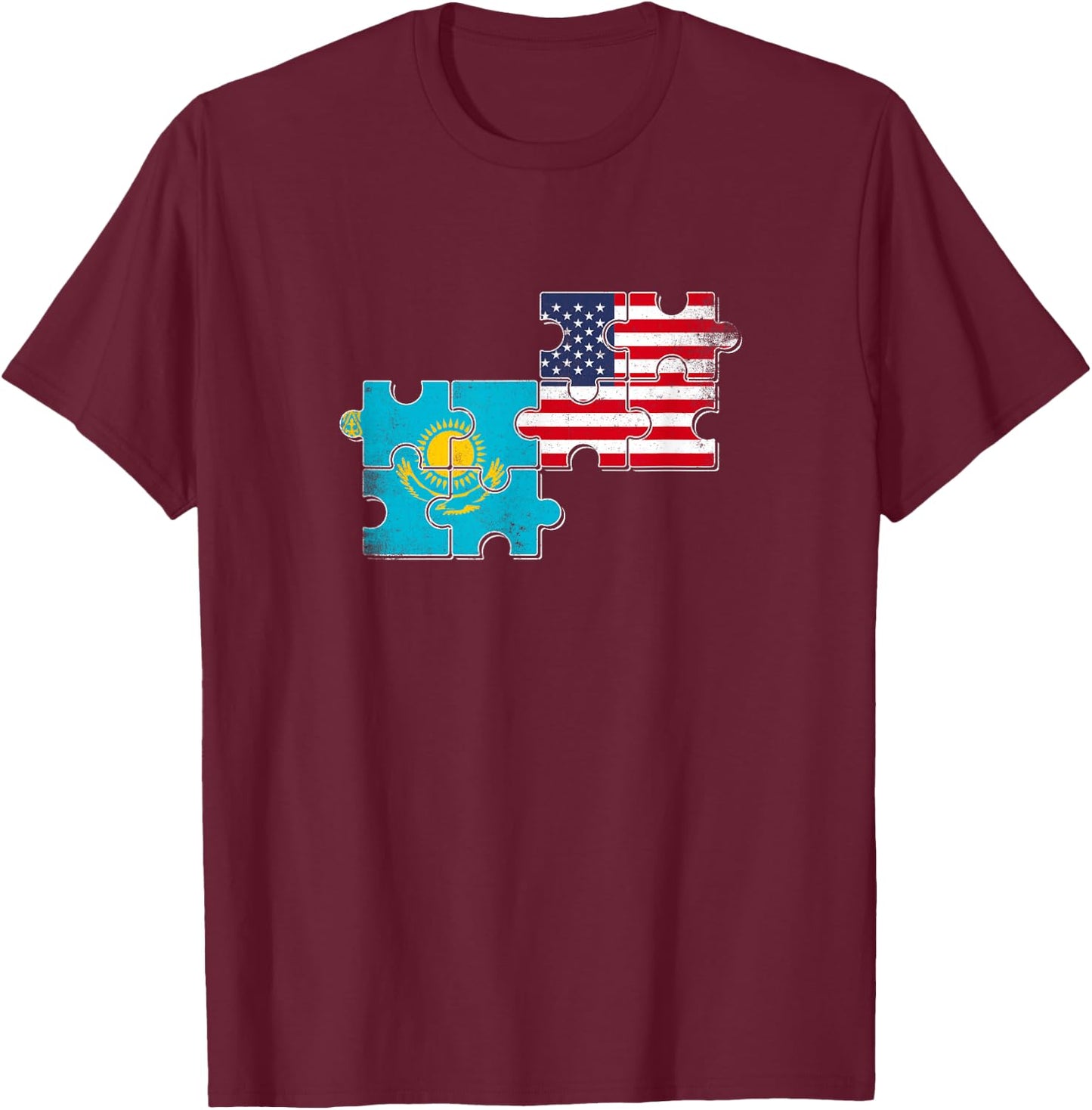 Kazakhstan USA Heartbeat Flag American Kazakh T-Shirt - T-Shirt | Maroon