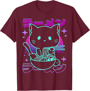 Anime Ramen Cat Retro Japanese Noodles Aesthetic Kawaii cat T-Shirt - T-Shirt | Maroon