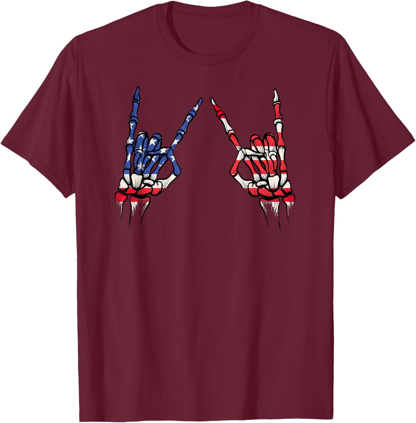 Patriotic USA Flag Skeleton Rock On Devil Horns 4th of July T-Shirt - T-Shirt | Maroon