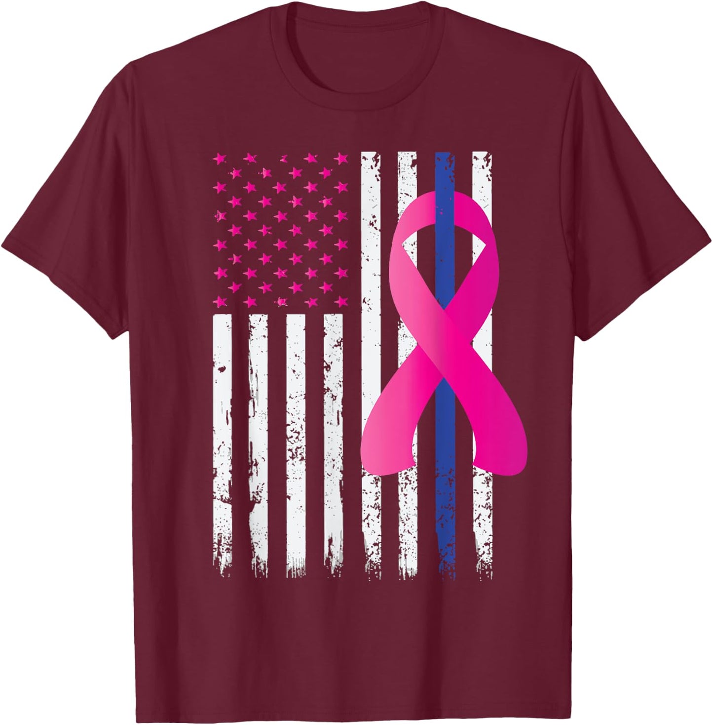 Breast Cancer Awareness Thin Blue Line Vintage Police Flag T-Shirt - T-Shirt | Maroon