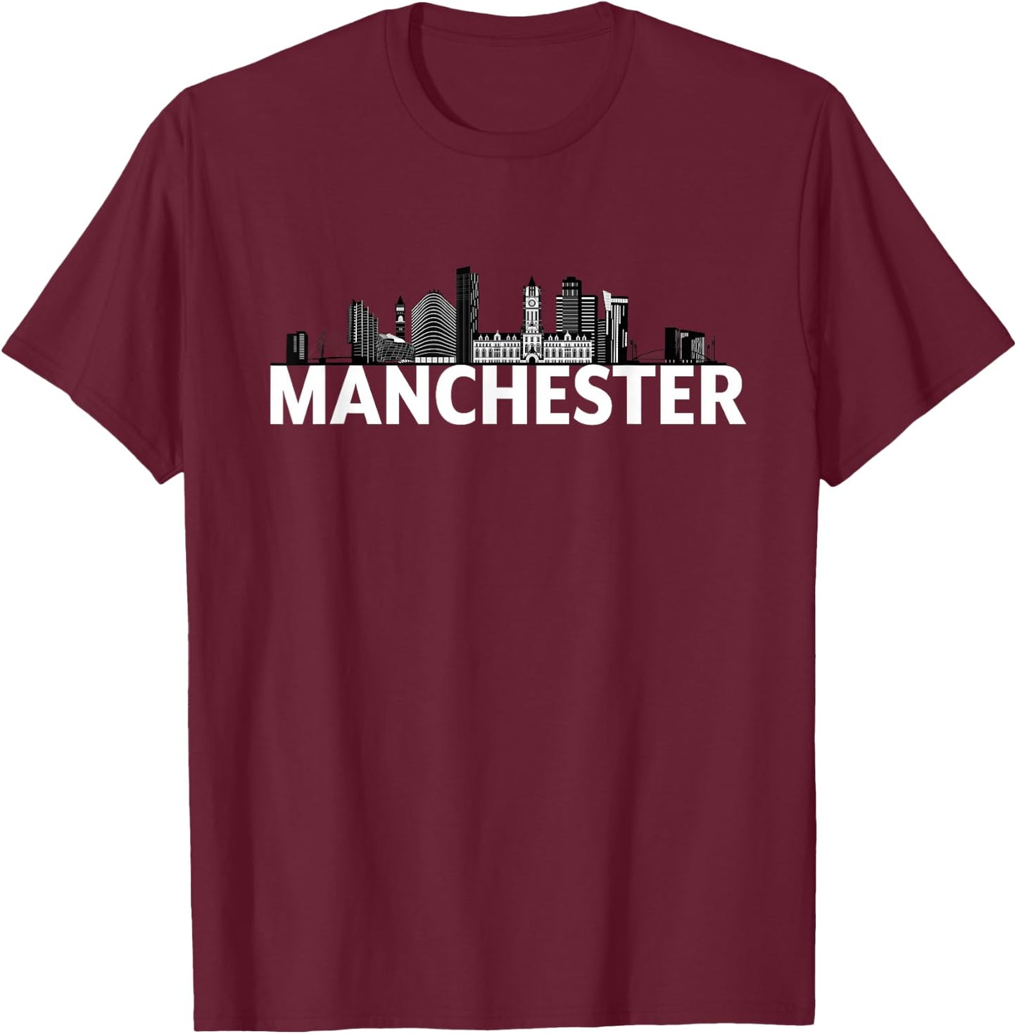 Manchester England GB UK Skyline Silhouette Outline Sketch T-Shirt - T-Shirt | Maroon