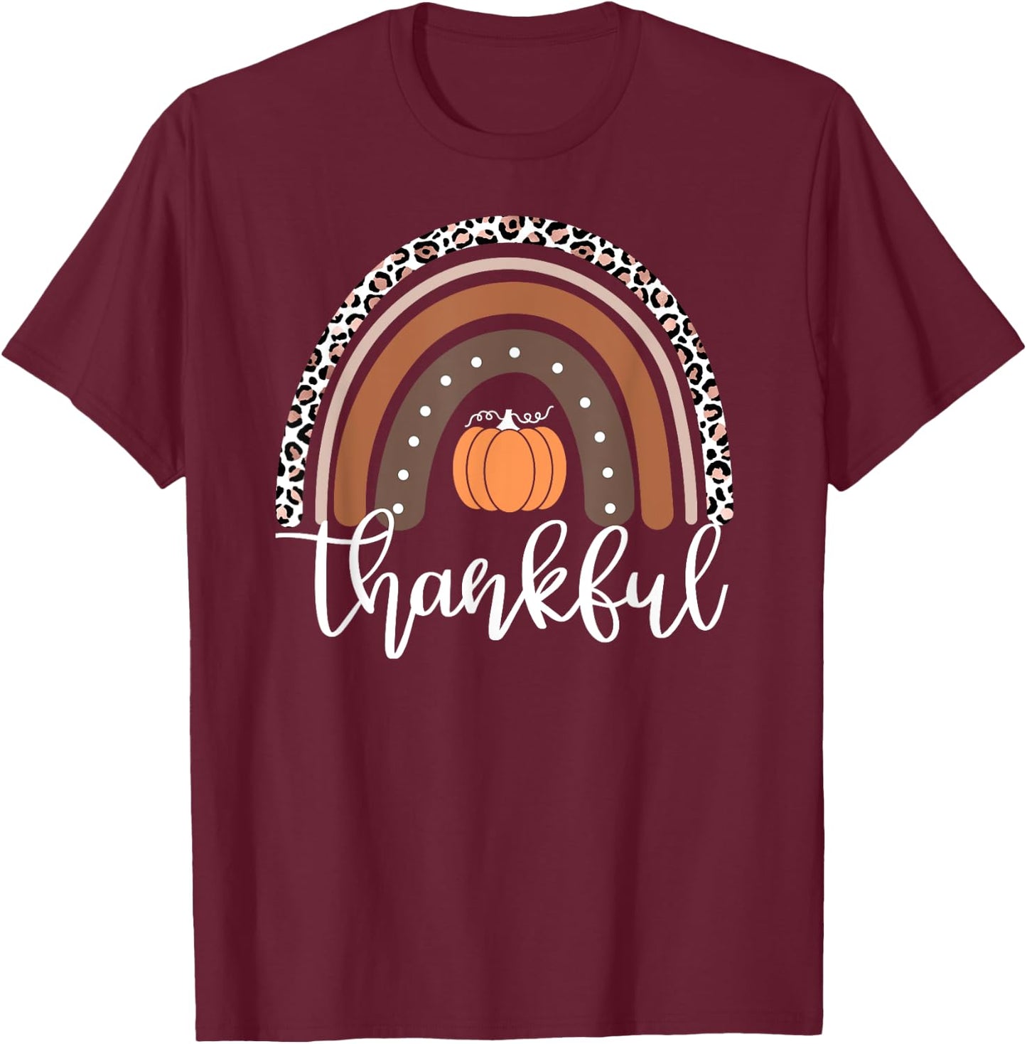 Mommy and Me Thankful Leopard Rainbow Pumpkin Thanksgiving T-Shirt - T-Shirt | Maroon